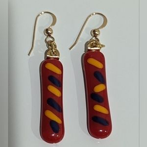 Artisan Handmade red abstract glass earrings  Gold.